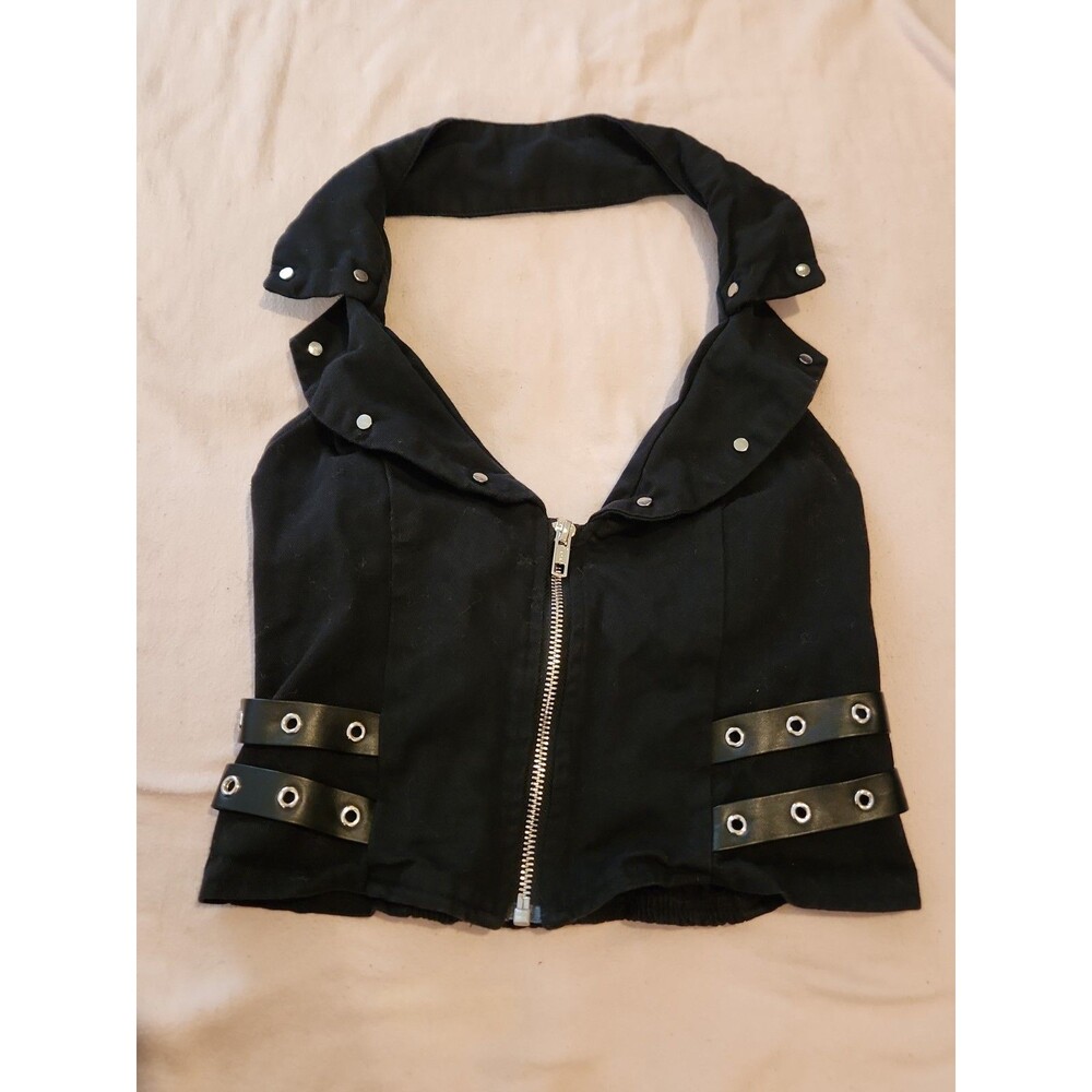 SHEIN Black Halter Vest Top XS Goth Grunge Punk Zip Up Grommet Buckle Straps Y2k - Picture 1 of 4
